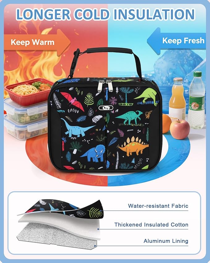 Insulated Lunch Box for Kids, Cute Thermal Lunch Bag for School, Reusable Lunch Tote for Boys and Girls, Durable Cooler Bag with Easy Grab Handle, Lightweight and Easy to Clean Meal Bag,Dinosaurs