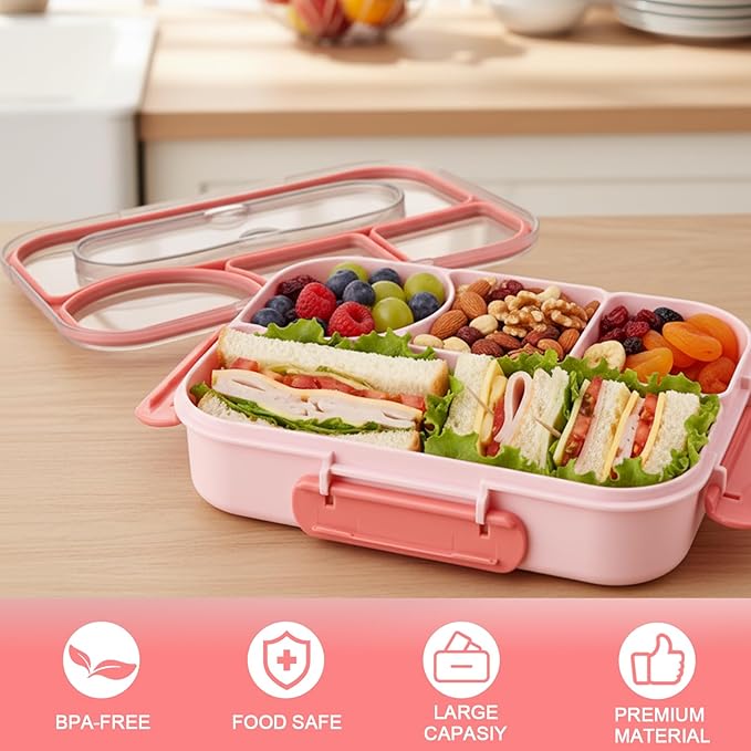 Bento Box for Adults,4 Compartments Lunch Box, Snack Containers Reusable Lunch Containers Drop-Proof, Dishwasher Safe & Made with BPA-Free Materials, Pink