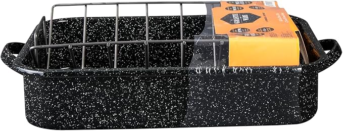 Granite Ware 19-Inch Roasting Pan With V-Rack - Nonstick Rectangular Roaster for Poultry, Baking, Broiling, Grilling - Durable Cookware for Holiday Feasts & Daily Meals - Family Size, Made of Steel