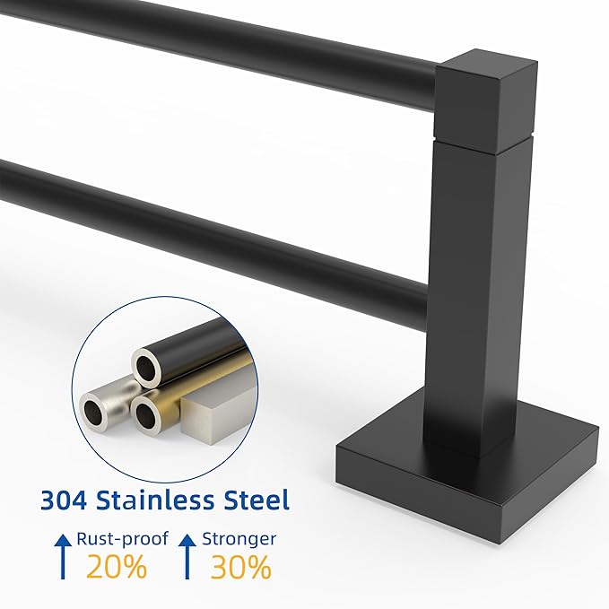 RUACQ Double Towel Bar, 24 Inch Towel Racks for Bathroom Wall Mounted, 304 Stainless Steel Bath Towel Rod with Square Base(Matte Black)