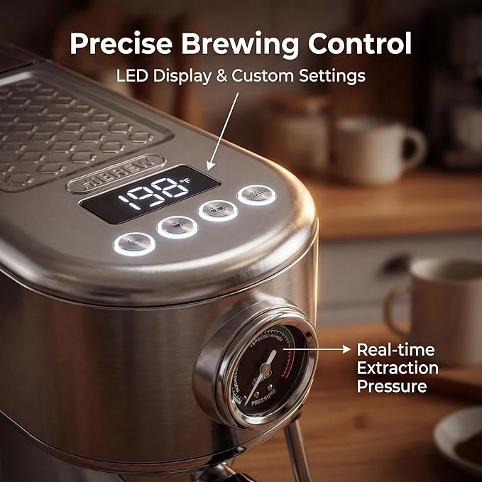 HIBREW H10B - Professional Espresso Machine - Cappuccino Maker with Milk Frother, Adjustable Temperature & Cup Volume, with Display, Pressure Gauge & Stainless Steel Body