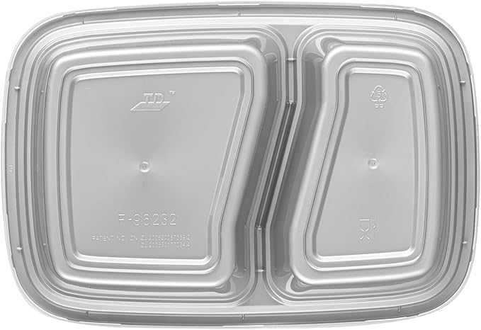 Restaurantware-Asporto 26 Ounce Compartment Take Out Boxes, 100 Microwavable Meal Prep Containers - 2 Compartments, With Clear Plastic Lids, Silver Plastic Food Containers, Do Not Contain BPA