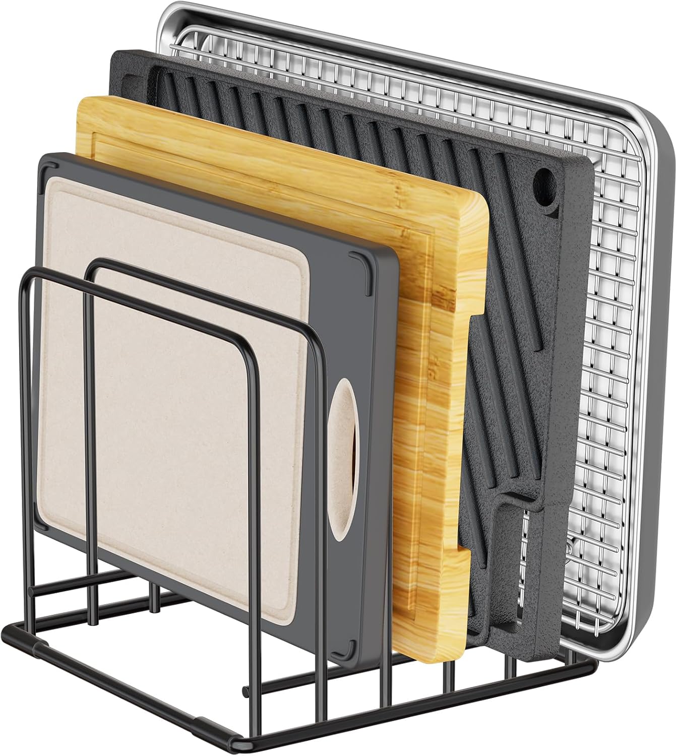 Kitchen Organizer Rack - 5-Slot Heavy-Duty Cutting Board and Bakeware Holder, Rust-Resistant with Anti-Slip Feet for Countertop or Cabinet Storage