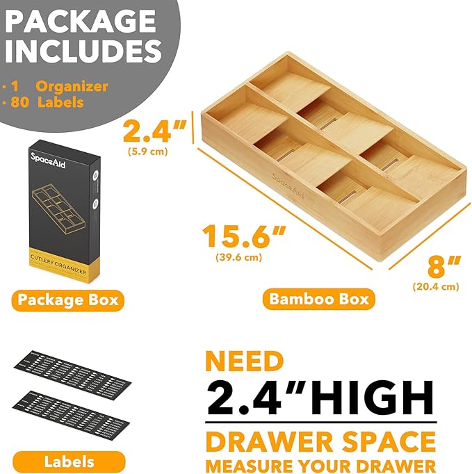 SpaceAid Bamboo Silverware Drawer Organizer with Labels (Natural, 6 Slots) Bamboo Drawer Dividers with Inserts