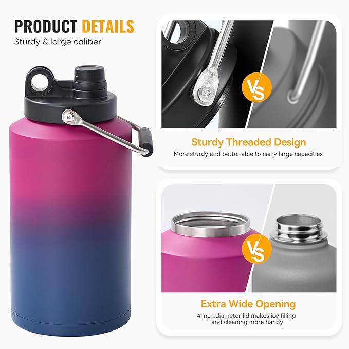 Kerilyn Insulated Gallon Jug with Handle, One Gallon, 128oz Stainless Steel, Large Double Vacuum Water Bottle for Hot & Cold Drinks, Wide Mouth, Sweat Proof, Great for Travel, Camping, Red Gradient
