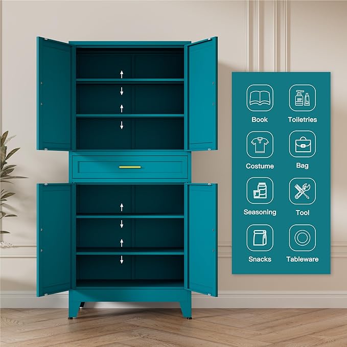 71" Tall Pantry Storage Cabinet with Drawer and Adjustable Shelves, Freestanding Tall White Kitchen Cupboard Storage Cabinet for Kitchen,Dining Room, Living Room, Blue