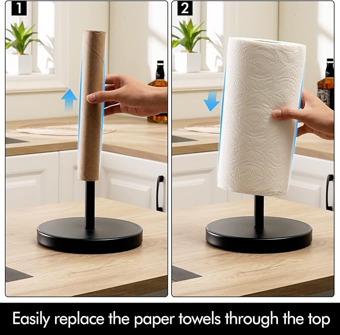 KES Matte Black Paper Towel Holder Countertop, Kitchen Paper Roll Holder Stand with Weighted Base Heavy for Standard or Gaint Rolls SUS304 Stainless Steel Matte Black, KPH202-BK