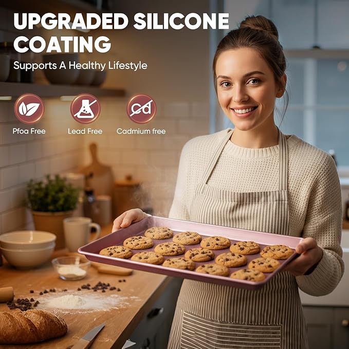 Sakerplus Nonstick Baking Sheet Pan Set of 3, Heavy Duty Cookie Sheets for Oven with Stripe Texture Pattern, 0.6mm Thick Quarter/Half/Jelly Roll Pans, Rust-Resistant & Easy Clean (Pink)