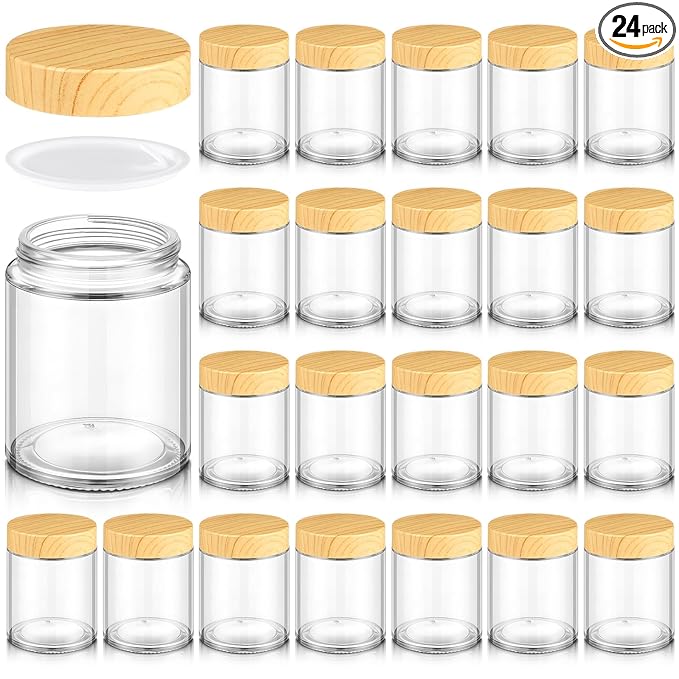 Norme 24 Pcs 6oz Glass Jars with Lids Empty Small Glass Containers and Inner Liners Reusable Cosmetic Jars Round Airtight Bottles with Plastic Wood Grain Lids for Travel