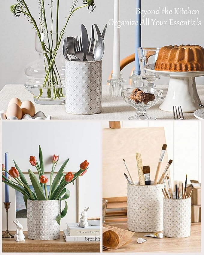 LE TAUCI Utensil Holder for Kitchen Counter - 7.1"+5.4" Ceramic Kitchen Utensil Holder Set of 2, Large Cooking Utensil Crock & Organizer for Spatula, Spoon - Embossed Kitchen Decor, White,Clover