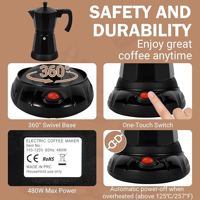 Black Aluminum Electric Moka Pot, 3 or 6 Cups Espresso Maker with Dose Reduction Plate