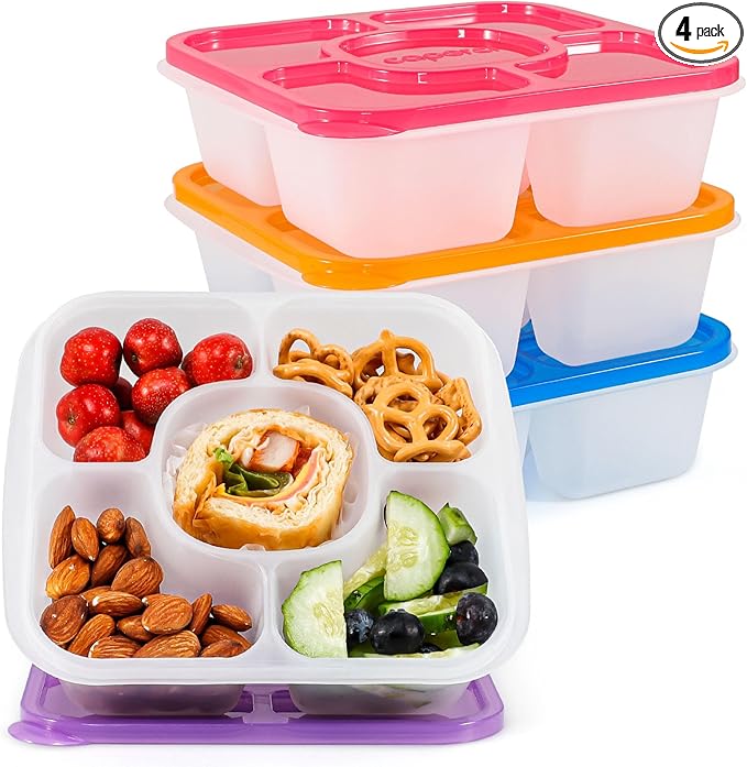 Caperci Original Lunchable Snack Containers - Bento Snack Boxes with 5-Compartment, Reusable Food Containers for School, Work and Travel, BPA-Free, Set of 4 (Classic)