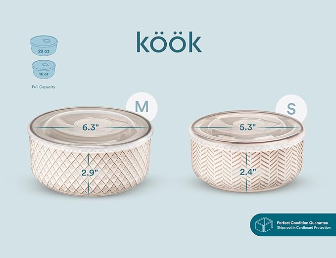 KooK Serving Bowls, with Lids, Ceramic Nesting Bowls, Set of 4, Embossed, Kitchen, Prep, Stackable, Gift, Microwave and Dishwasher Safe, 16/29/47/70 oz, Narbonne Collection (Ivory)