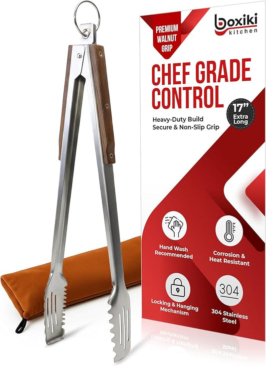 17-Inch Grill Tongs for Outdoor Grilling - Heavy Duty Stainless Steel Tongs with Luxurious Walnut Grip & Premium Gift Pouch - Extra Long BBQ Tongs for Grilling, Smoker & Outdoor Cooking