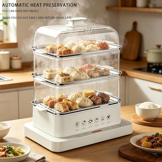 Electric Food Steamer, 32L 3-Tier Square Steamer, Food-Grade & Dishwasher-Safe, Juice Tray, 6 Preset Programs for Meat/Fish/Seafood/Grains, 10s 3D Steam, 12H Delay Start, Baby Food Steamer Pot