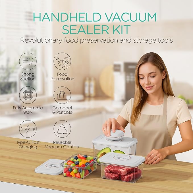 Handheld Vacuum Sealer for Food with 3 Vacuum Containers Mini and Portable Vacuum Sealer for Food Preservation Rechargeable & Cordless Fully Automatic Food Vacuum Pump (1 Machine + 3 Containers)