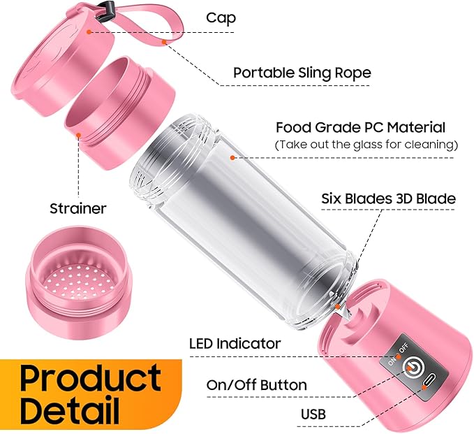 Portable Blender for Smoothies & Shakes - Cordless Personal Size Blender with 6 Blades, 380Ml Juice Cup, Lightweight & Rechargeable, Freshly Squeezed for Picnic/Sports/Office, Mother's Day