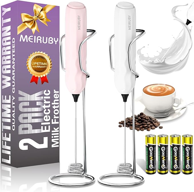 MEIRUBY 2-Pack Milk Frother Handheld with Stand, Valentines Day Gifts for Him and Her, Powerful Electric Coffee Frother, Coffee Lover Gift for Lattes, Cappuccino, Matcha & Hot Chocolate, White/Pink