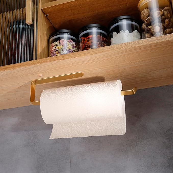 Self Adhesive Paper Towel Holder Under Cabinet Mount, 304 Stainless Steel Wall Mount Paper Towel Roll Rack for Kitchen Cabinet, Bathroom (Gold)