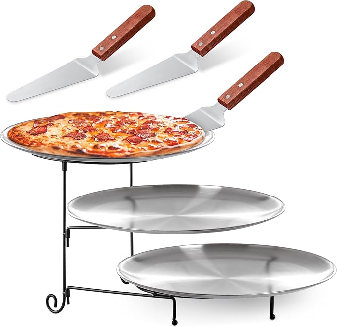 Domensi 7pcs Pizza Pan Riser Stands Sets Includes 1pcs Tiered Tray Stand 3 Stainless Steel Pizza Pan and 3 Wood Handle Knife for Tables Party Restaurant