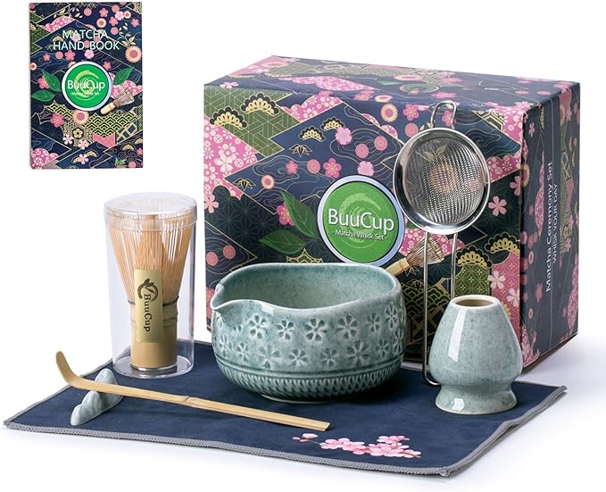 Buucup Matcha Whisk Set, Ceramic Matcha Kit Includes Matcha Bowl, Matcha Whisk and Holder, Bamboo Scoop, Scoop Rest, Sifter and Tea Towel - 7 Pcs Matcha Kit for Matcha Lovers (Blue)