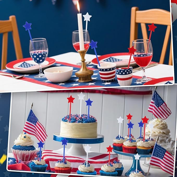 Jansun 100 Pcs 4th of July Patriotic Cocktail Stirrers, Red White and Blue Drink Stirrers Reusable Coffee Stirrers Plastic Swizzle Sticks Stir Sticks for Fourth of July Independence Day Party Supplies