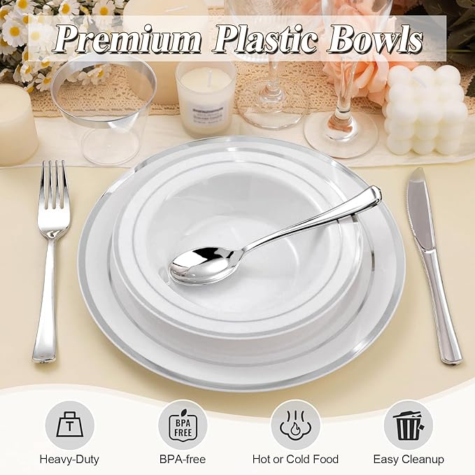 200 Pack Disposable Soup Bowls with Silver Rim, 12oz Premium Heavy Duty Plastic Dinner Bowls for Party, Wedding and Holiday