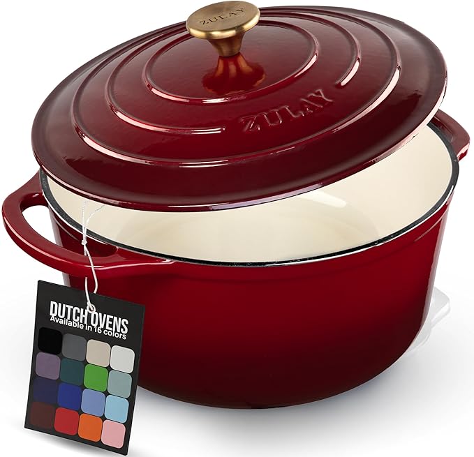 Zulay Kitchen 6 Quart Enameled Cast Iron Dutch Oven Pot with Lid – Premium Durability & Oven Safe up to 500°F – Heavy Duty Cookware Perfect for Bread Baking, Stews, Braising & Roasting – Garnet