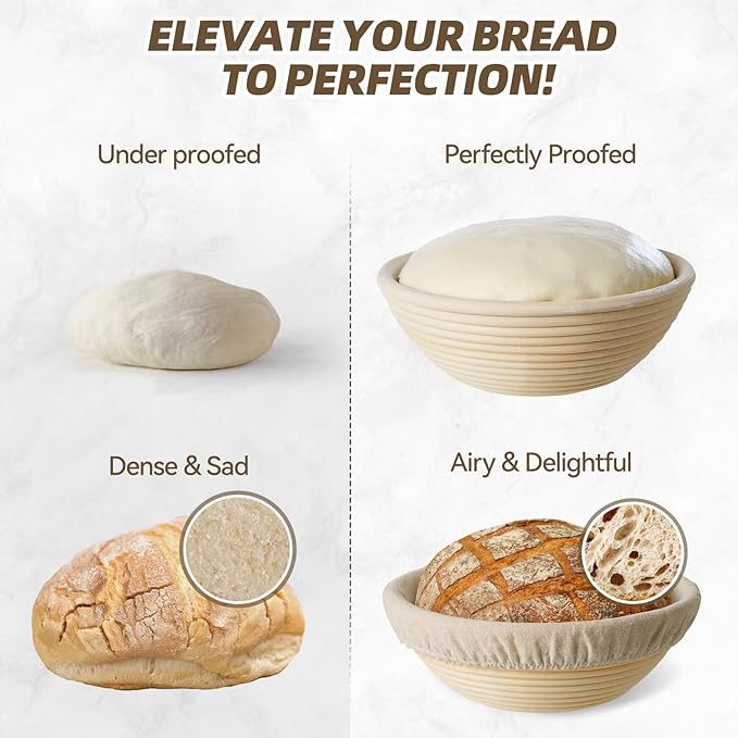 Banneton Bread Proofing Basket, Kikcoin Round Oval Proofing Basket Set of 3 (9" Round & 10" Round & 10" Oval), Sourdough Proofing Basket with Linen Liner, Bread Lame, Metal Scraper