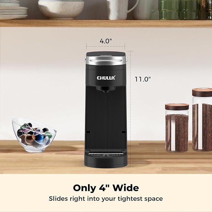 CHULUX Slim Single Serve Coffee Maker for K Cup Pod, Compact Portable Coffee Machine for Dorm, RV, Office and Travel, Matte Black