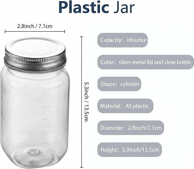 novelinks 16 oz Clear Plastic Jars with Lids, Refillable 16oz Mason Jars with Lids & Storage Containers for Kitchen & Household Use (15 Pack,Silver)