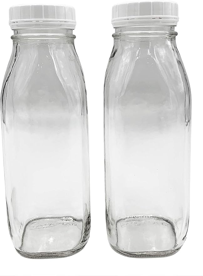 The Dairy Shoppe Glass Milk Bottle, Heavy Glass with Lid, Creamery Style (2, Threaded Pint)