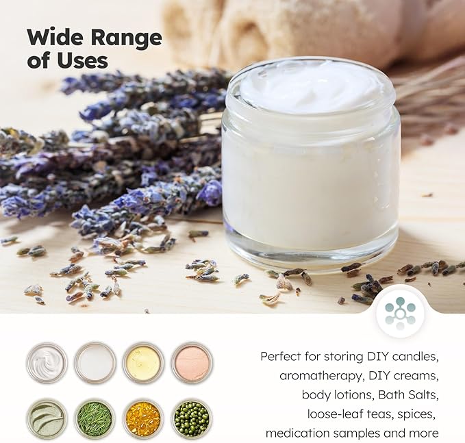 4 oz Glass Jars with Lids, 24 Pack Clear Small Glass Jars with Woodgrain Lids Leakproof Round Airtight Empty Cosmetic Travel Containers with Inner Liners For Lotions Powders and Candle Making