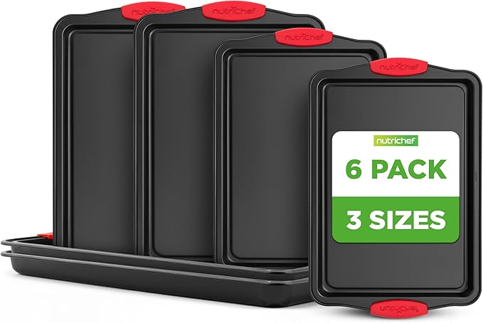 NutriChef Nonstick Baking Pans Set – Premium Cookie Sheets for Baking, Carbon Steel Stackable Baking Trays with Red Silicone Handles, Oven Safe Pans for Cookies, and Cakes, Dishwasher Safe (6 Pack)
