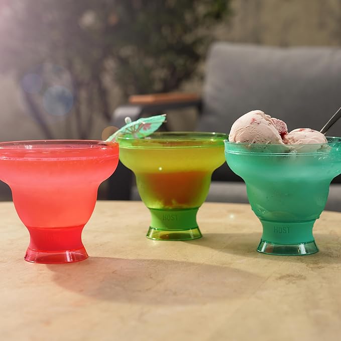 HOST FREEZE Stemless Margarita Glasses, Insulated Plastic Cocktail Glasses for Frozen Drinks, Double Wall Chiller Cups for Daiquiri, Tiki Drinks, Home Bar, Party Gifts, 12 oz, Set of 2, Aqua Blue