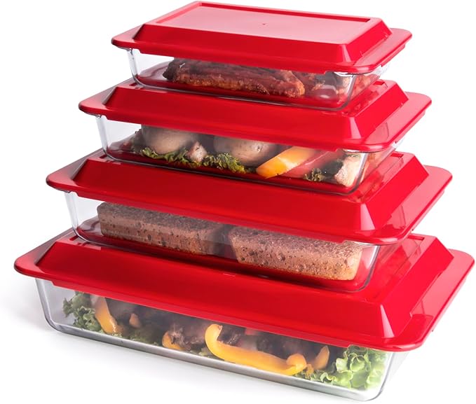 Set of 8 pcs Tempered Nesting Glass Baking Pan Set, Glass Baking Dish with BPA Free Lids. Oven, Microwave, Refrigerator and Dishwasher Safe - 1L, 1.7L, 2.8L, 4.2L