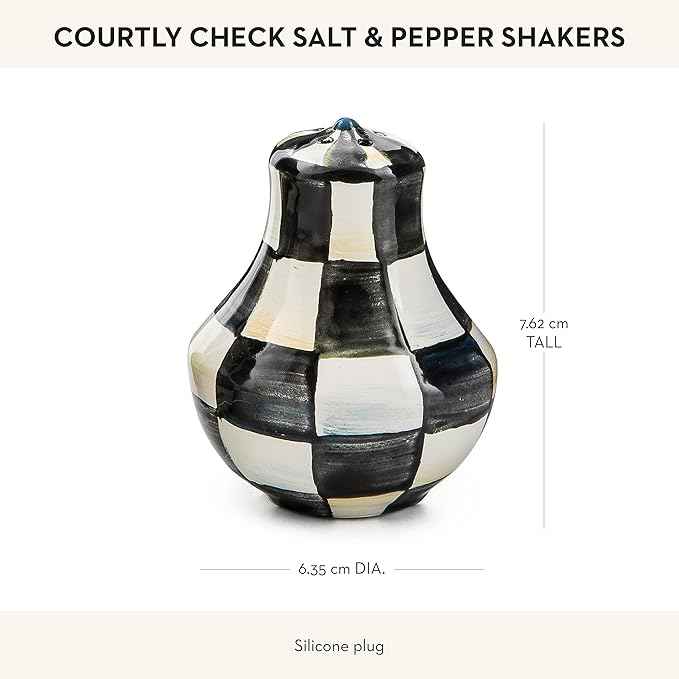 MACKENZIE-CHILDS Enamel Salt and Pepper Shakers, Kitchen Table Spice Shaker Set, Black-and-White Courtly Check, Small