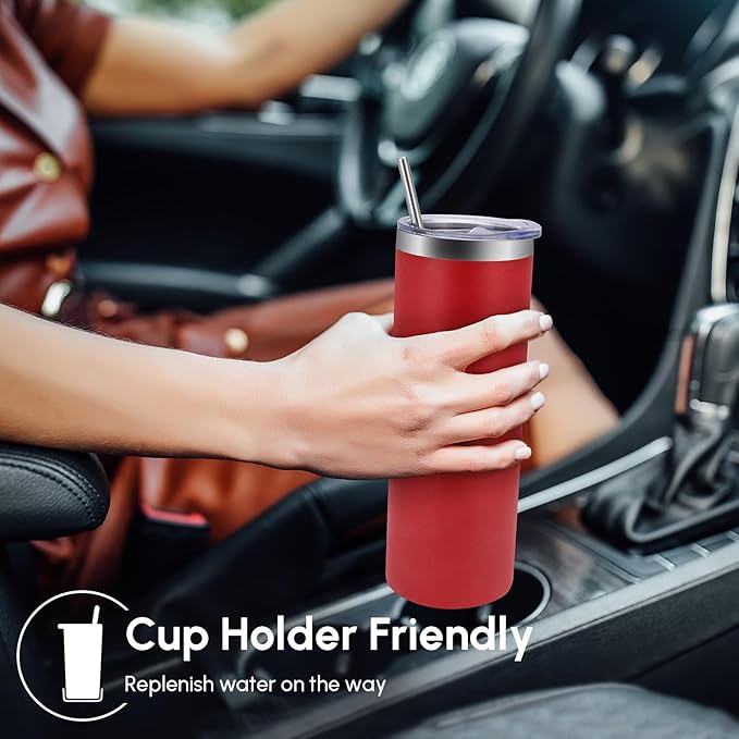 Volhoply 20 oz Skinny Tumbler with Lid and Straw, Stainless Steel Straight Tumblers Cup, Vacuum Insulated Coffee Mug for Home, Office, Travel, DIY (Red,1 Pack)