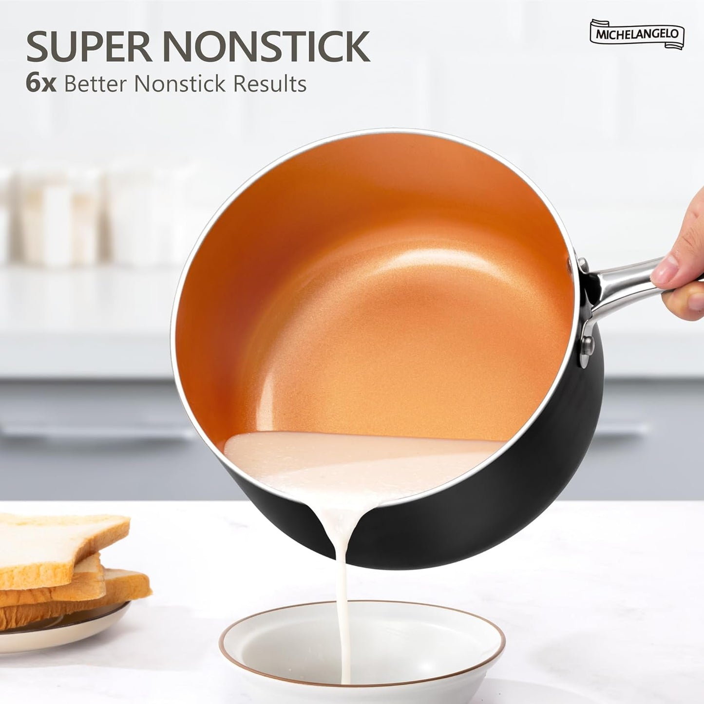 MICHELANGELO Sauce Pan with Lid, 1Qt & 2Qt & 3Qt Sauce Pan Set, Ceramic Saucepans with Lids, Copper Small Pots, Nonstick Saucepan Set, Oven Safe