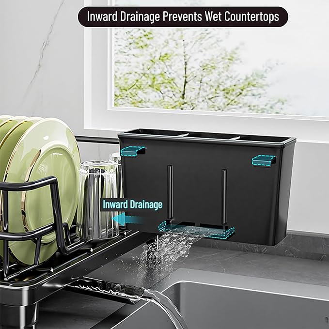 Large 2-Tier Expandable Dish Drying Rack, Heavy Duty Kitchen Countertop Dish Drainer Organizer with Utensil Holder, Extendable Space Saving Plate Storage Rack for Kitchen Sink Counter, Black