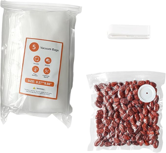 Vacuum Storage Bags Set, 5 Reusable BPA-Free Medium Food Vacuum Sealer Bags (8.26"x8.66"), Triple-Seal Leak-Resistant Design, Includes 1 Sealing Clip