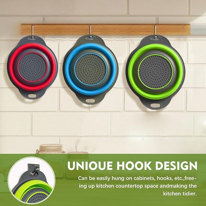 Silicone Colander Collapsible Strainers Set for Kitchen- 3 Pack (3Qt, 4Qt,5Qt) -Over Home Draining Basket, Food Vegetables & Fruits-Dishwasher Safe, BPA Free Space Saving Design (Green,Blue,Red)