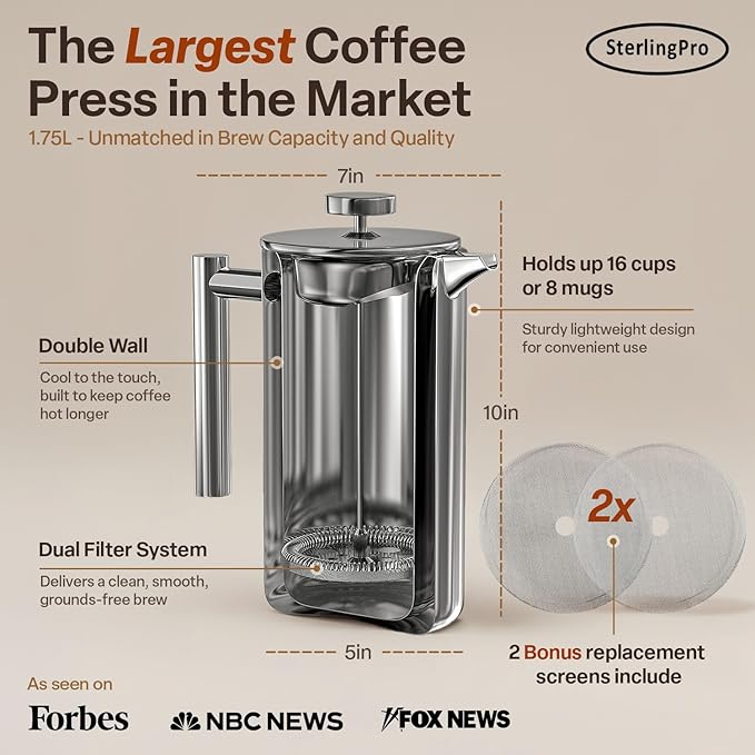 SterlingPro Stainless Steel French Press Coffee Maker 1.75 L (59 oz) Mirror – Double Walled Insulated Extra Large French Press, Durable Design Keeps Drinks Hot, Easy to Use and Clean for Rich Flavor