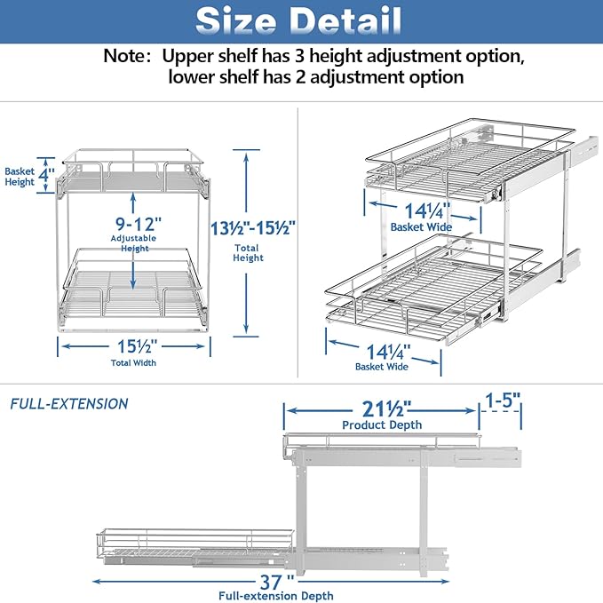 LOVMOR 2 Tier Individual Pull Out Cabinet Organizer 15½" W x 21½" D, Slide Out Kitchen Cabinet Storage Sliding Shelves