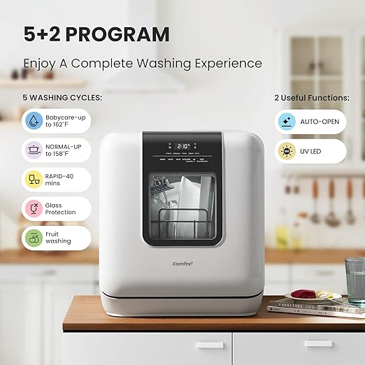 COMFEE' Countertop Dishwasher, Portable Dishwasher with 6L Built-in Water Tank, Mini Dishwasher with More Space Inside, 7 Programs, UV Hygiene& Auto Door Open, for Apartments, Dorms& RVs, White