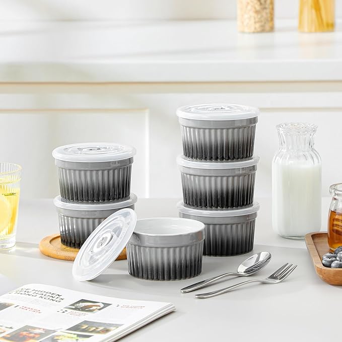 vancasso 6 oz Ramekins with Lid, Porcelain Creme Brulee Souffle Dishes,Set of 6, Grey Pudding Custard Cups Ramiken for Baking, Dishwasher and Oven Safe