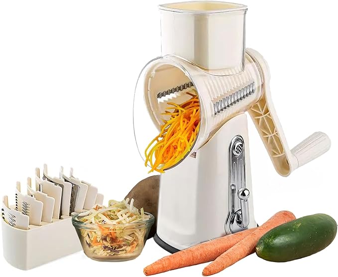 Chef Power Premium Quality 5 in 1 Cheese Grater Hand Crank - Stainless Steel Rotary Cheese Grater for Effortless Grating - Durable and Ergonomic Design for Professional and Home Use (Beige)