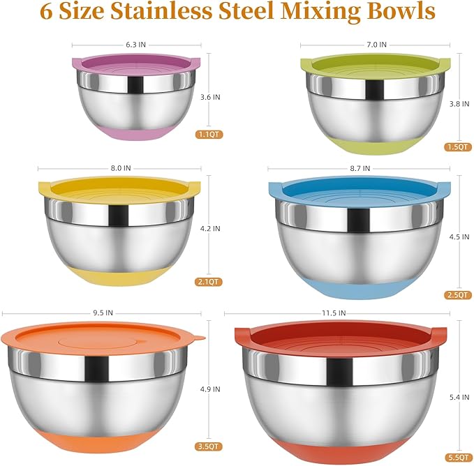 Fyrnova Mixing Bowls with Lids Set, 6 Piece Stainless Steel Nesting Storage Bowls for Kitchen, with 3 Grater Attachments & Non-Slip Bottoms, Size 5.5,3.5,2.5,2.1,1.5,1.1 QT