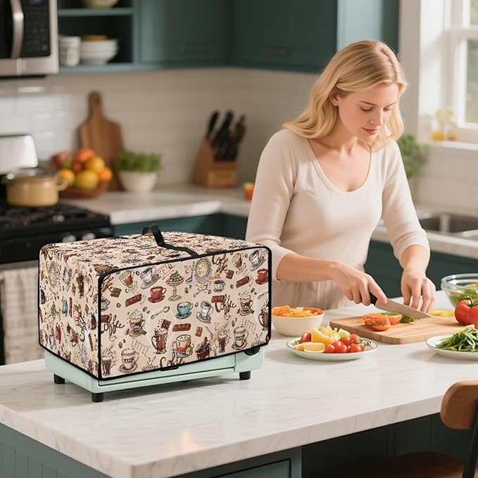 Toaster Oven Dust Cover Small Kitchen Appliance Cover for Countertop Convection Ovens,Small Appliances, S, 14.5 x 18.5 x 9 Inches, Coffee Chocolate Print Beige