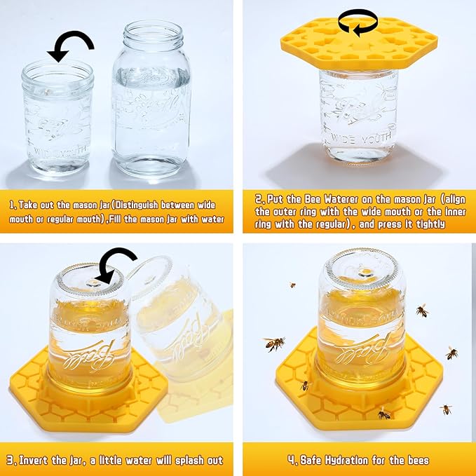 Leinuosen 4 Pcs Bee Feeder for Mason Jar Bee Watering Station for Garden, Sugar Water Feeder Yellow Silicone Hive Drinker for Beekeeping Outside